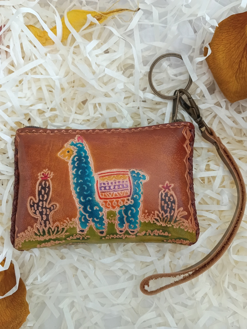Leather Wristlet Key Pouch with Blue Llama Motif